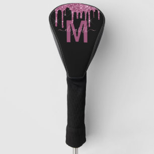 Chic Raspberry Dripping Glitter Monogram Name Golf Head Cover