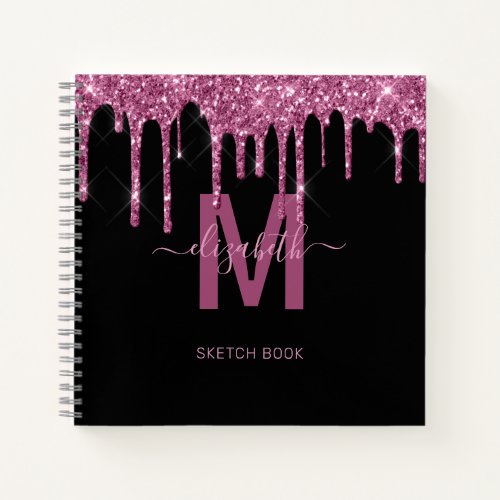 Chic Raspberry Dripping Glitter Monogram Name Notebook