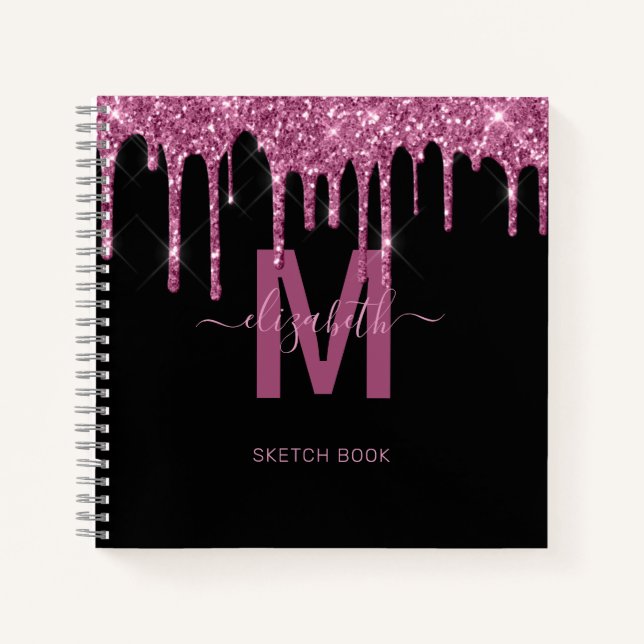Chic Raspberry Dripping Glitter Monogram Name Notebook (Front)
