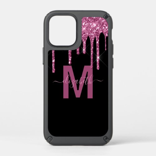 Chic Raspberry Dripping Glitter Monogram Name Speck iPhone 12 Mini Case