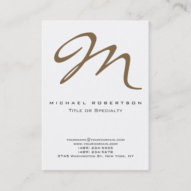 Chic Raw Umber Brown Monogram White Business Card (Front)