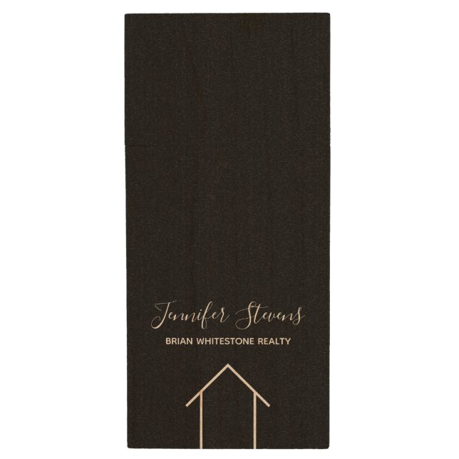 Chic Real Estate Black White Minimalist Realtor Wood Flash Drive (Front Vertical)