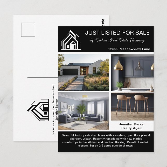 Chic Real Estate Company Home Listing Black White Postcard (Front/Back)