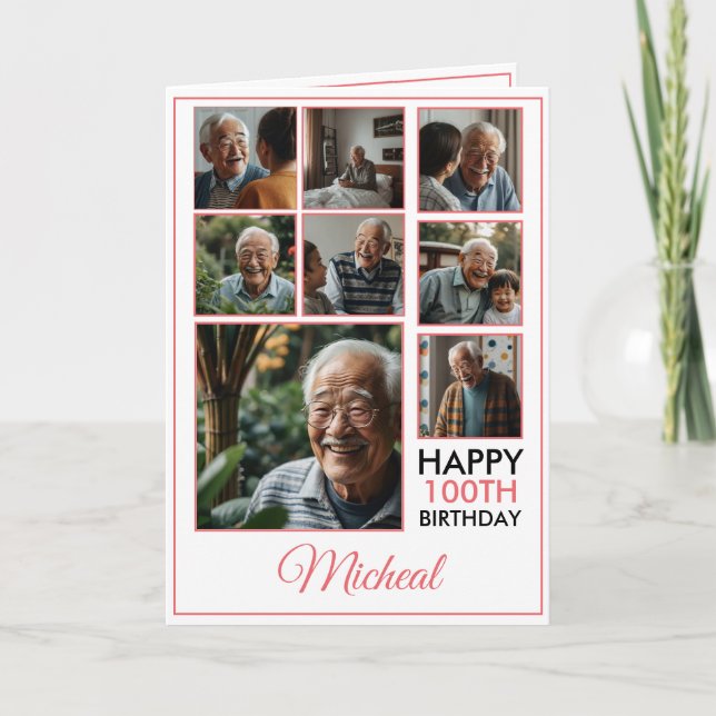 Chic Red 8 Photo Collage 100th Birthday Card (Front)