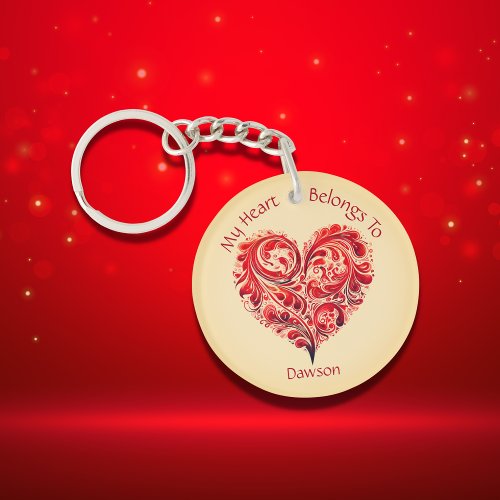 Chic Red Abstract Swirls My Heart Belongs To Keychain