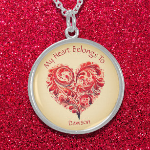 Chic Red Abstract Swirls My Heart Belongs To Sterling Silver Necklace