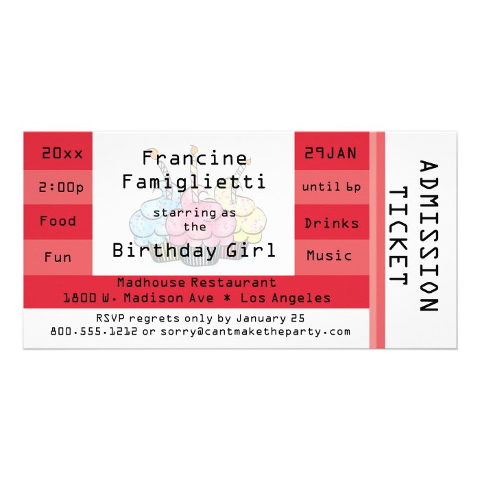 Chic Red Admission Ticket Birthday Invite Photo Card Template
