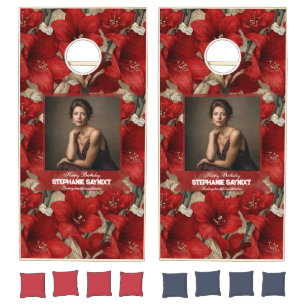 Chic Red Amaryllis 60Th Birthday Custom Cornhole Set