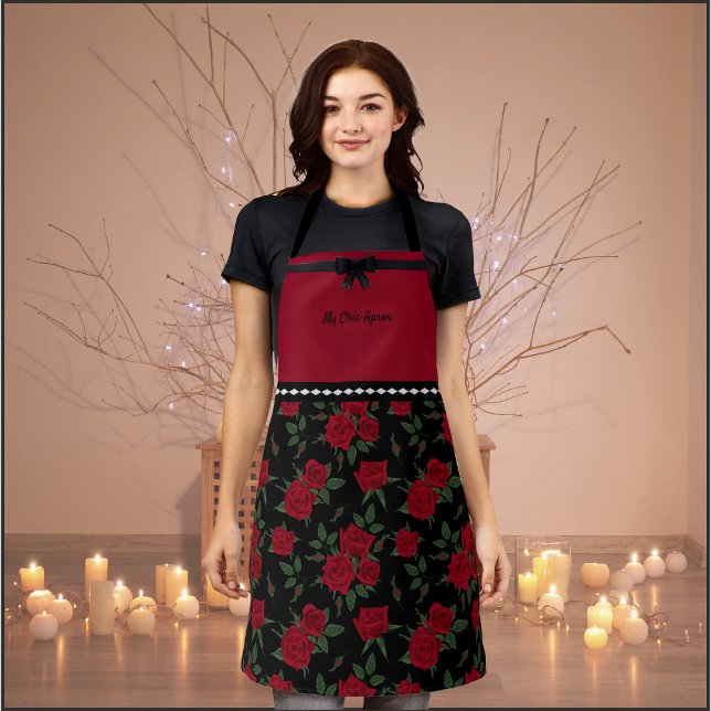 Chic Red and Black Rose Garden Fashion Apron (Chic Rose Garden Kitchen Apron)