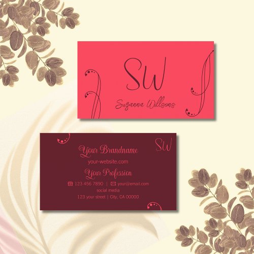 Chic Red and Burgundy Modern Ornate with Monogram Business Card