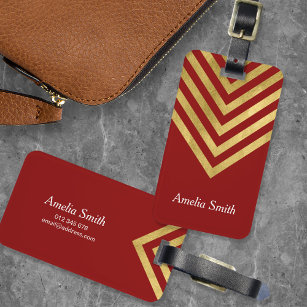 Chic Red and Faux Gold Geometric Luggage Tag