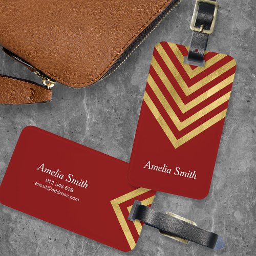 Chic Red and Faux Gold Geometric Luggage Tag