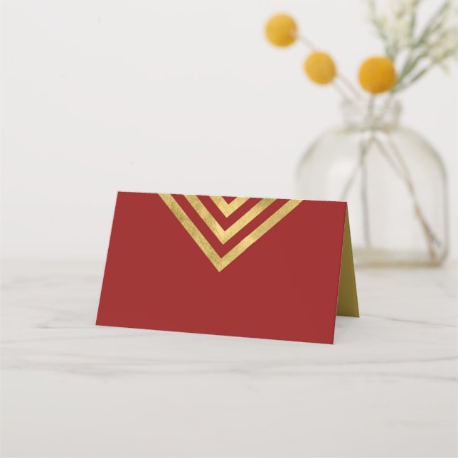 Chic Red and Faux Gold Geometric Place Card (Front)