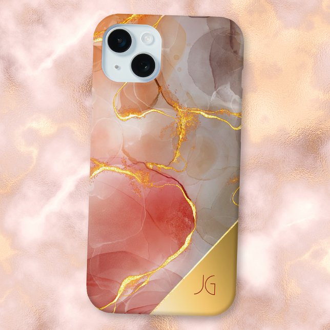 Chic Red and Gold Agate Monogram Case-Mate iPhone Case (Creator Uploaded)