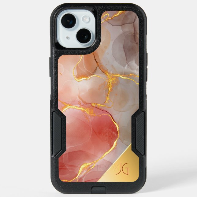 Chic Red and Gold Agate Monogram iPhone 15 Plus Case (Back)