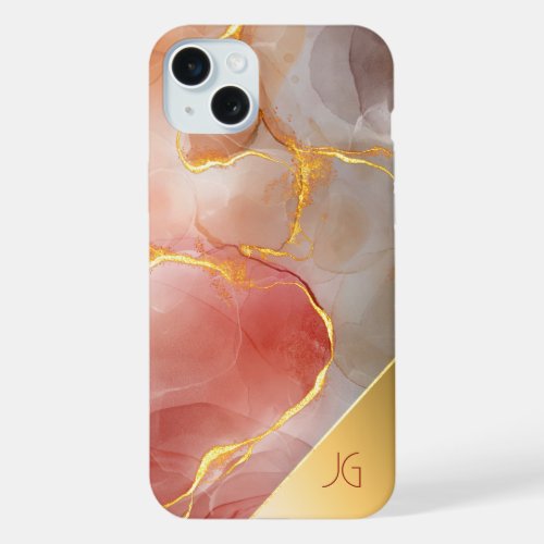 Chic Red and Gold Agate Monogram iPhone 15 Plus Case