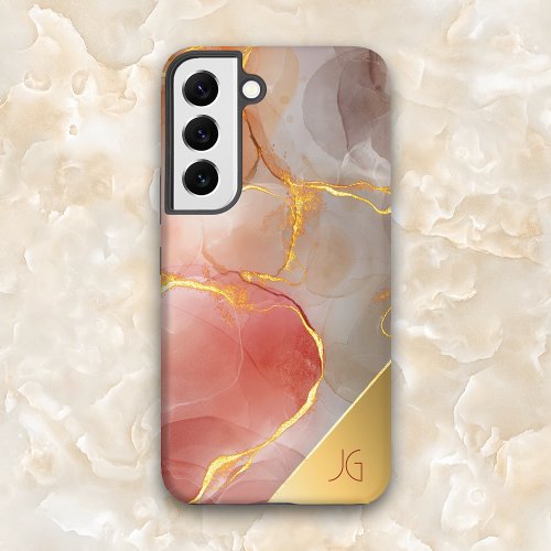 Chic Red and Gold Agate Monogram Samsung Galaxy S22 Case