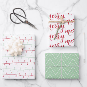 Chic Red and Gold Merry Christmas Chevron Lights Wrapping Paper Sheets