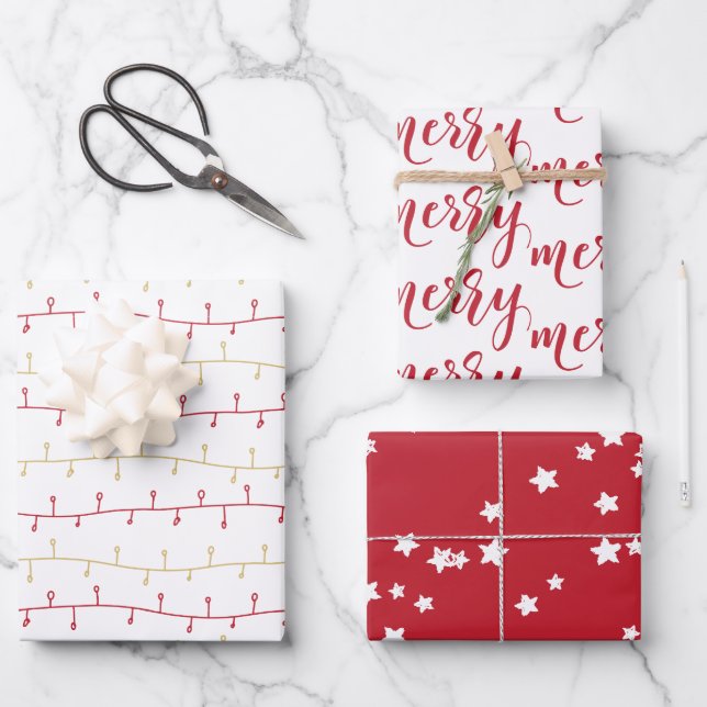 Chic Red and Gold Merry Christmas Lights & Stars Wrapping Paper Sheets (Front)