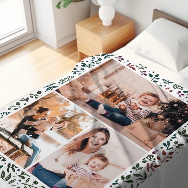 Chic Red and Green Holiday Botanical Photo Collage Fleece Blanket (Creator Uploaded)