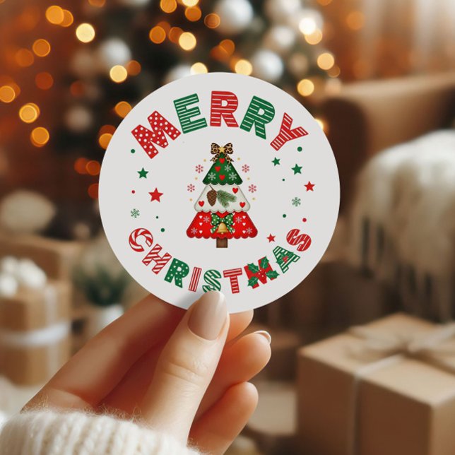 Chic Red and Green Merry Christmas Tree Holiday Classic Round Sticker (Creator Uploaded)