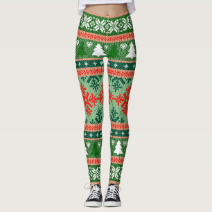 Chic Red and Green Plaid Snowflake Leggings