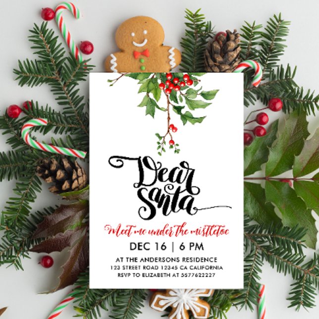 Chic Red And White Dear Santa Mistletoe Watercolor Invitation (Creator Uploaded)