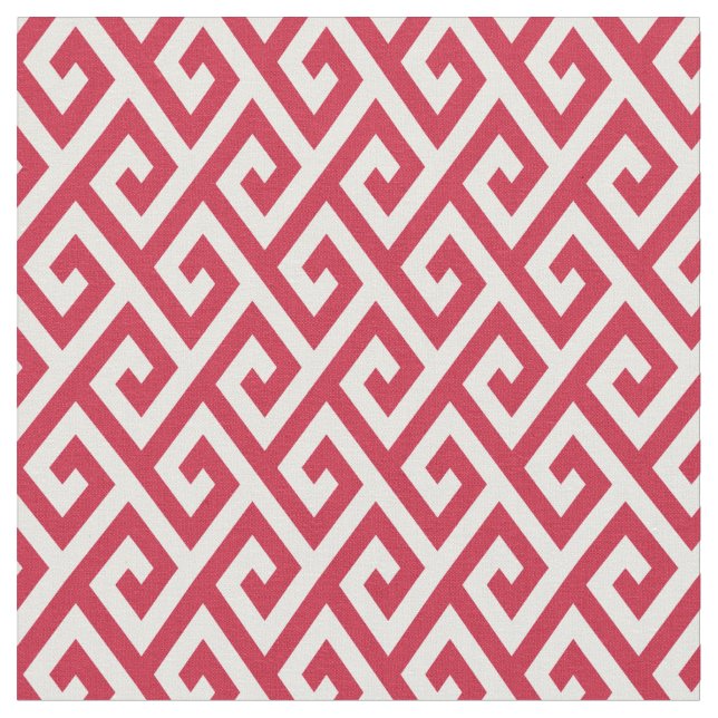 Chic red and white greek key geometric patterns fabric (Close Up)