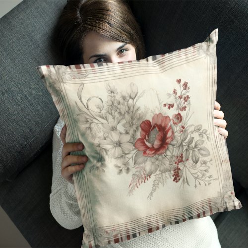 Chic Red And White Plaid Floral Throw Pillow
