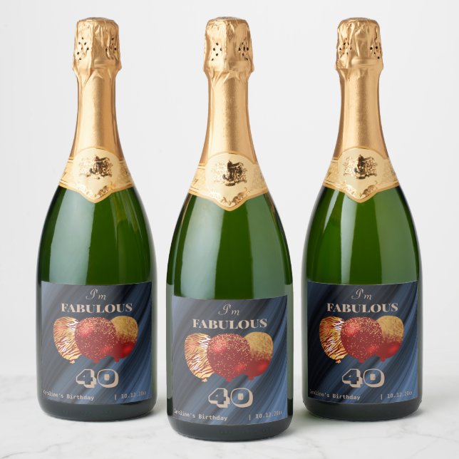 Chic Red Balloons Gold & Glitter Fabulous Birthday Sparkling Wine Label (Bottles)