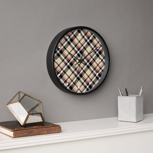 Chic Red Beige Black White Plaid Stripes Pattern Clock (Office)