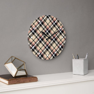 Chic Red Beige Black White Plaid Stripes Pattern Large Clock