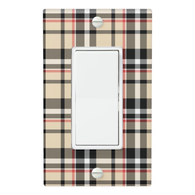 Chic Red Beige Black White Plaid Stripes Pattern Light Switch Cover (In Situ)