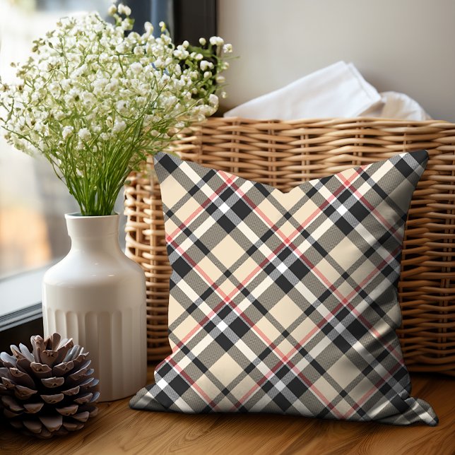 Chic Red Beige Black White Plaid Stripes Pattern Throw Pillow (Creator Uploaded)