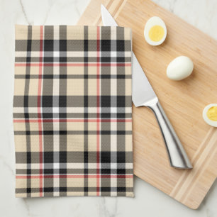Chic Red Beige Black White Plaid Stripes Pattern Towel