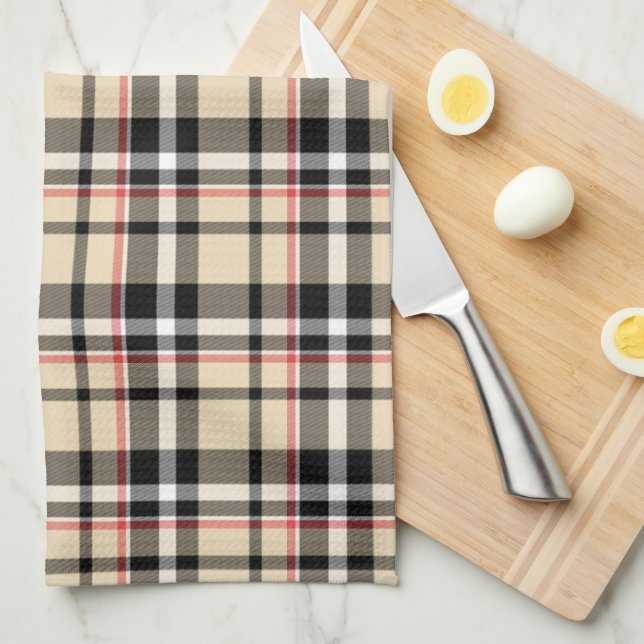 Chic Red Beige Black White Plaid Stripes Pattern Towel (Quarter Fold)