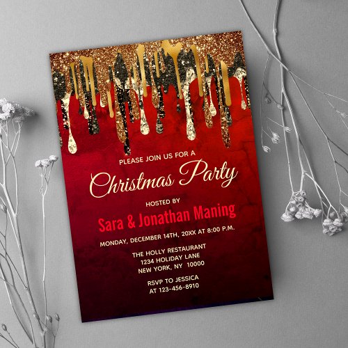 Chic red black and gold glitter drips Christmas  Invitation
