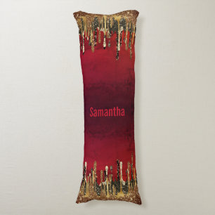 Chic red black and gold glitter drips monogram  body pillow