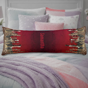 Chic red black and gold glitter drips monogram body pillow