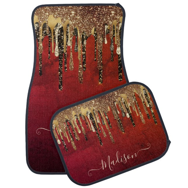 Chic red black and gold glitter drips monogram car floor mat (Set)