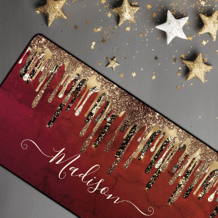 Chic red black and gold glitter drips monogram desk mat