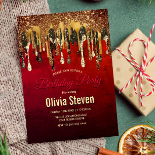 Chic red black and gold glitter drips monogram invitation