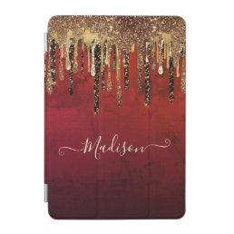 Chic red black and gold glitter drips monogram iPad mini cover