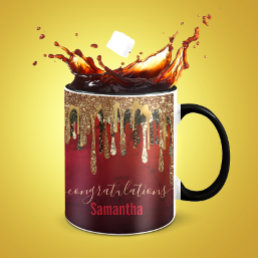 Chic red black and gold glitter drips monogram mug