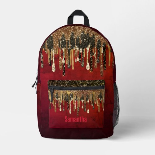 Chic red black and gold glitter drips monogram   printed backpack