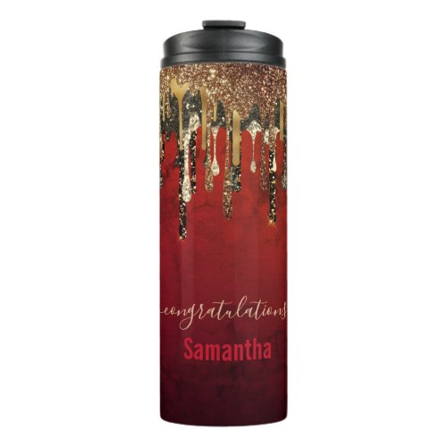 Chic red black and gold glitter drips monogram thermal tumbler