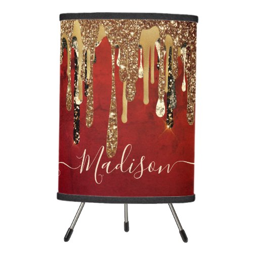 Chic red black and gold glitter drips monogram tripod lamp
