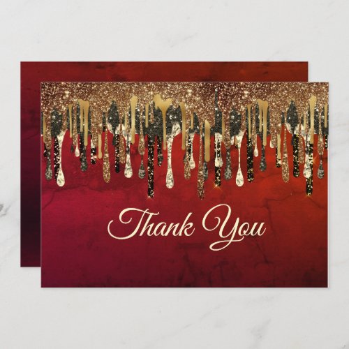 Chic red black and gold glitter drips thank you card