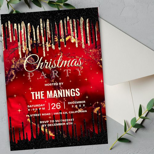 Chic red black drippings glitter Christmas  Invitation