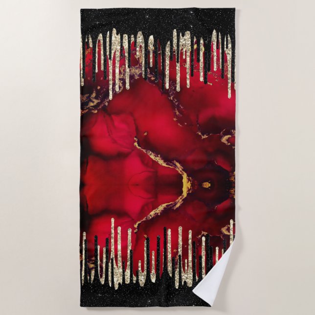 Chic red black drippings glitter monogram beach towel (Front)
